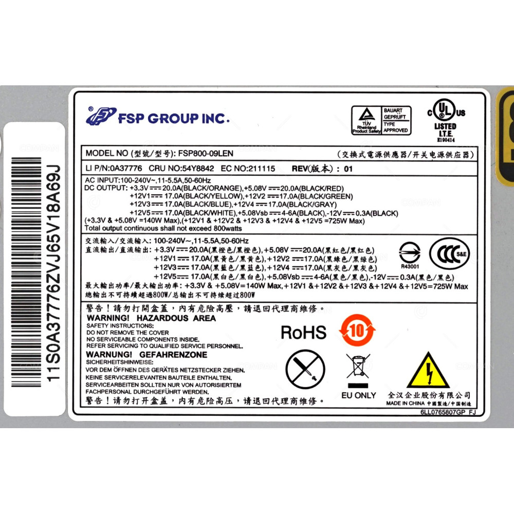 0A37776 LENOVO 800W POWER SUPPLY 80 PLUS GOLD FOR THINKSTATION C20 54Y8842, FSP800-09LEN